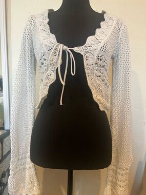 Crochet Tie-Front Bolero Cardigan in Light Ivory